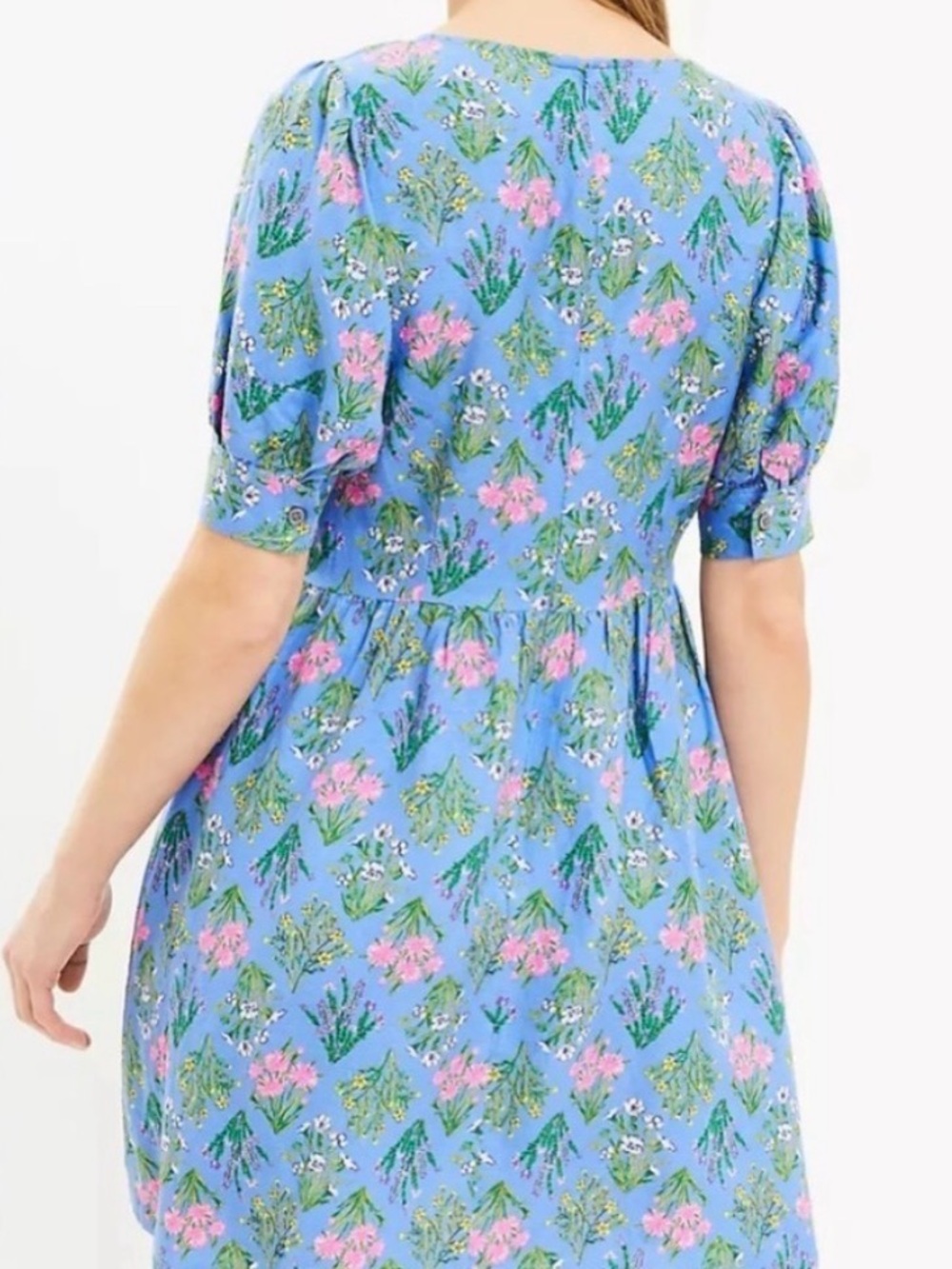 NWOT LOFT Blue Floral U-Neck Periwinkle Blue Puff Sleeve Linen Blend Dress - Picture 3 of 9